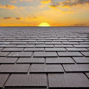Image a clean roof with the sun rising in the background